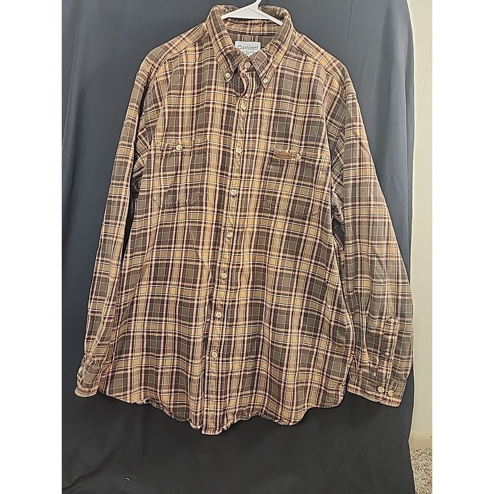 Carhartt Men's Flannel Relaxed Fit Button Up Long Sleeve Brown Plaid XL Tall